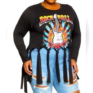Women Plus Size Black Rock N Roll Graphic Print T-Shirt w/Fringes